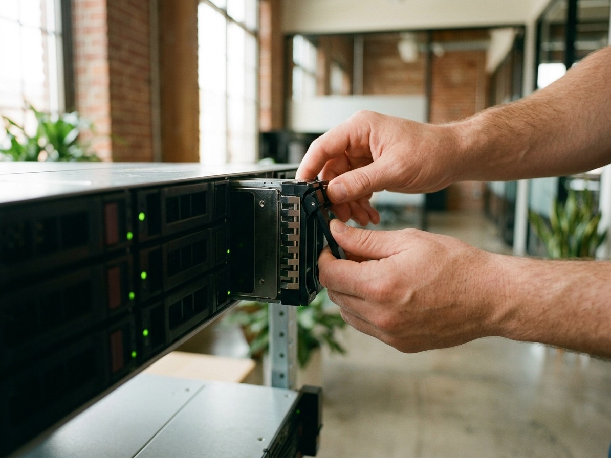 Mani di un tecnico inseriscono un disco nel cassetto di uno storage aziendale
