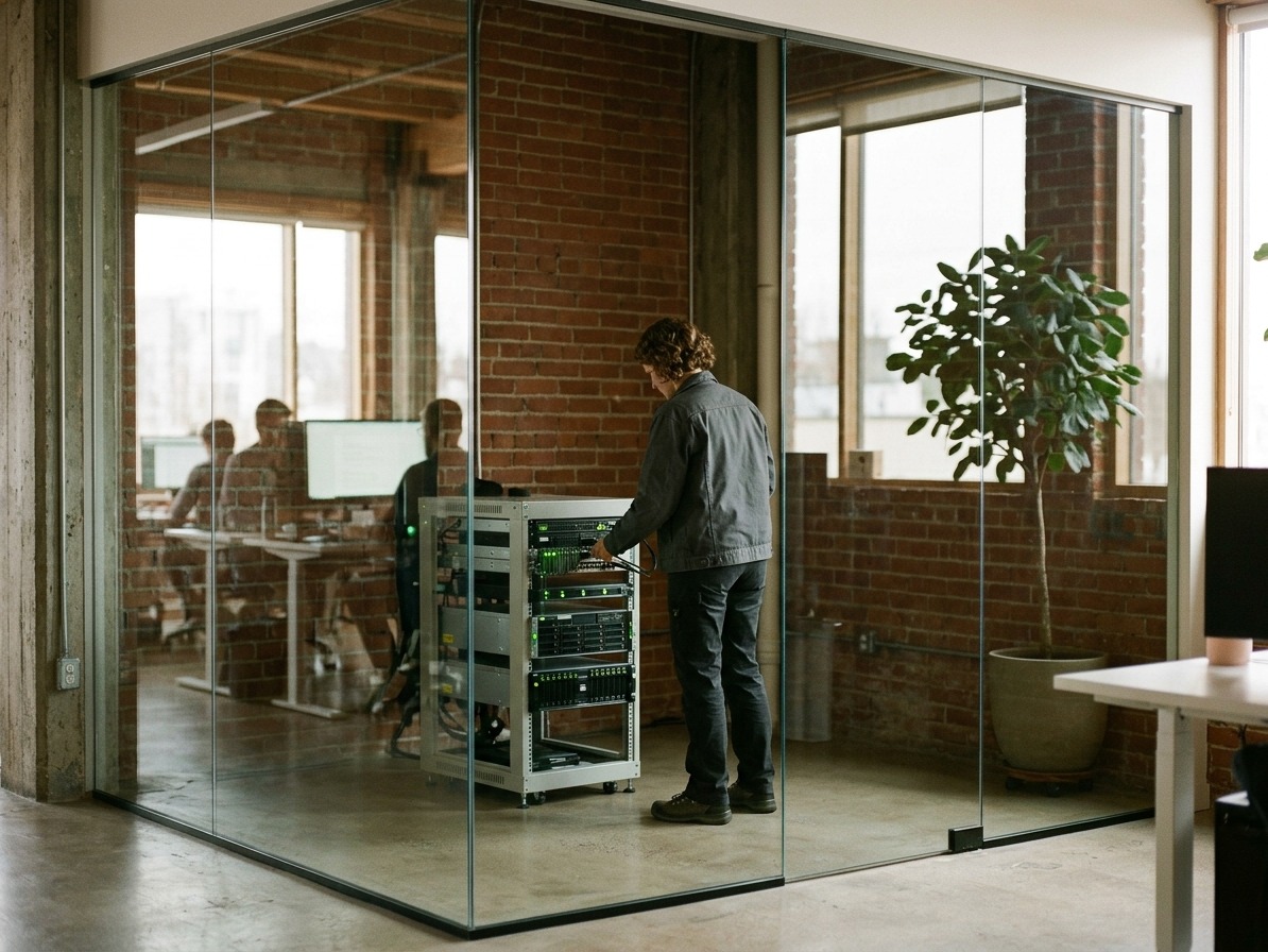 Locale tecnico vetrato con un armadio rack, e sul vetro il riflesso dell'ufficio open space