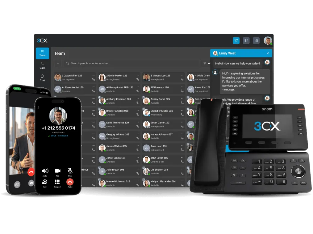 Interfaccia del centralino 3CX su computer, smartphone e telefono IP da scrivania