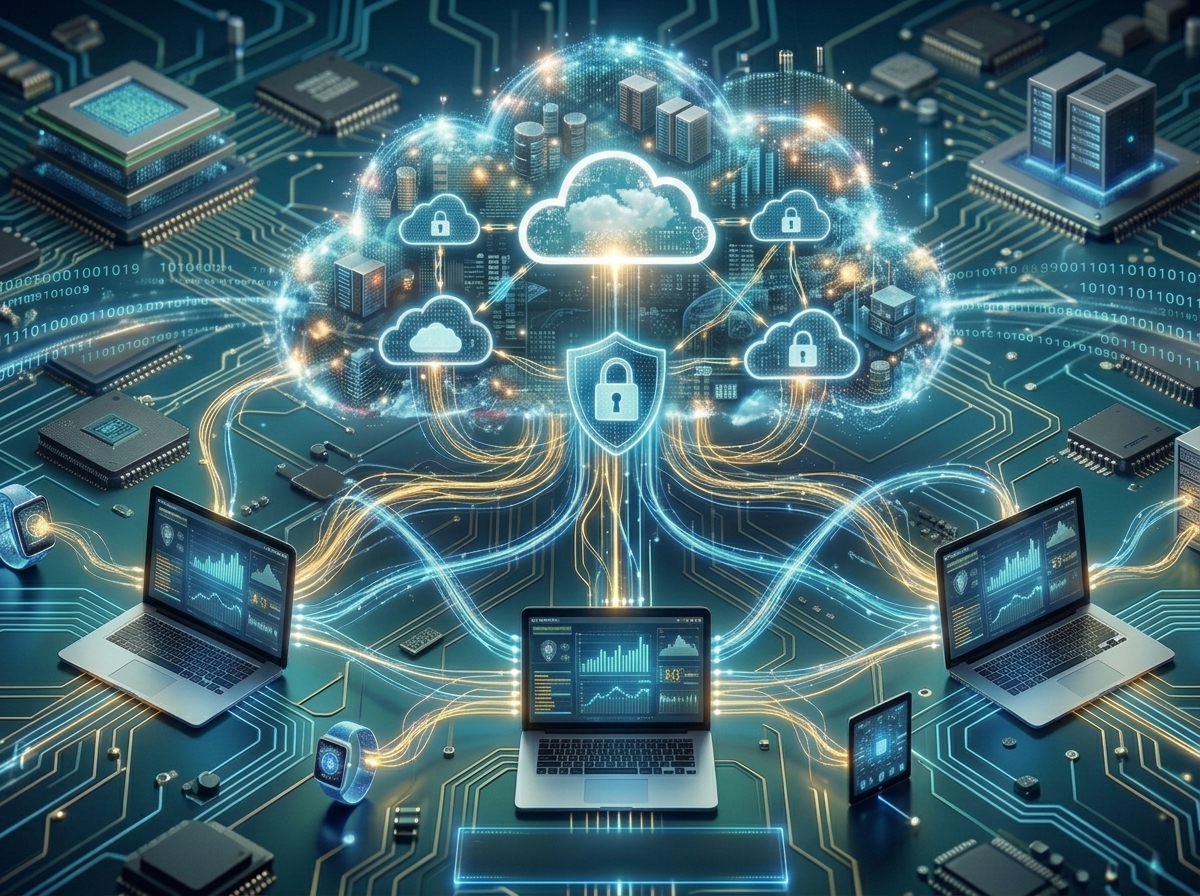 Illustrazione di un'infrastruttura cloud con dispositivi e dati collegati e protetti