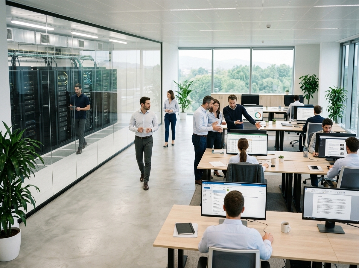 Open space di una PMI con la sala server visibile dietro una parete vetrata