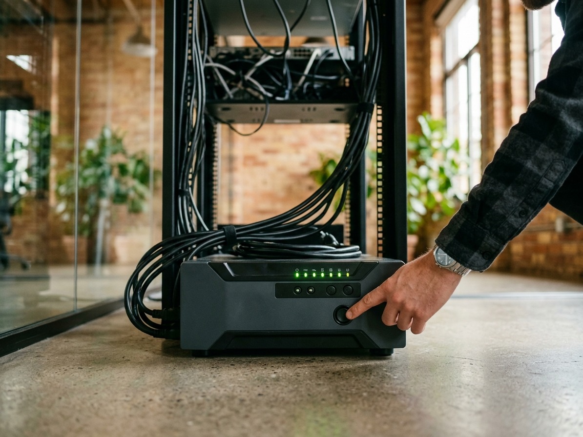 Tecnico aziona un gruppo di continuità UPS installato alla base di un armadio rack