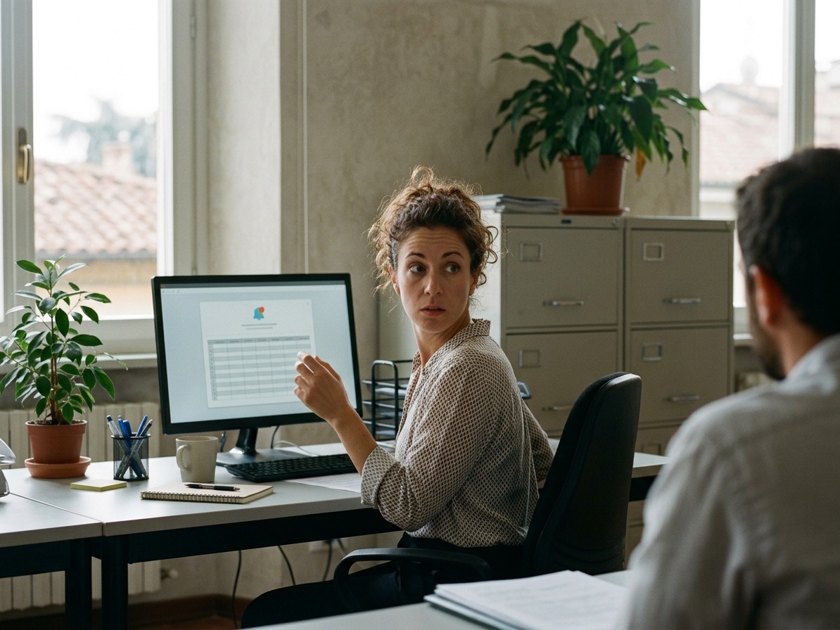 In ufficio una collega si gira verso un collega dopo aver visto un aggiornamento comparire sullo schermo