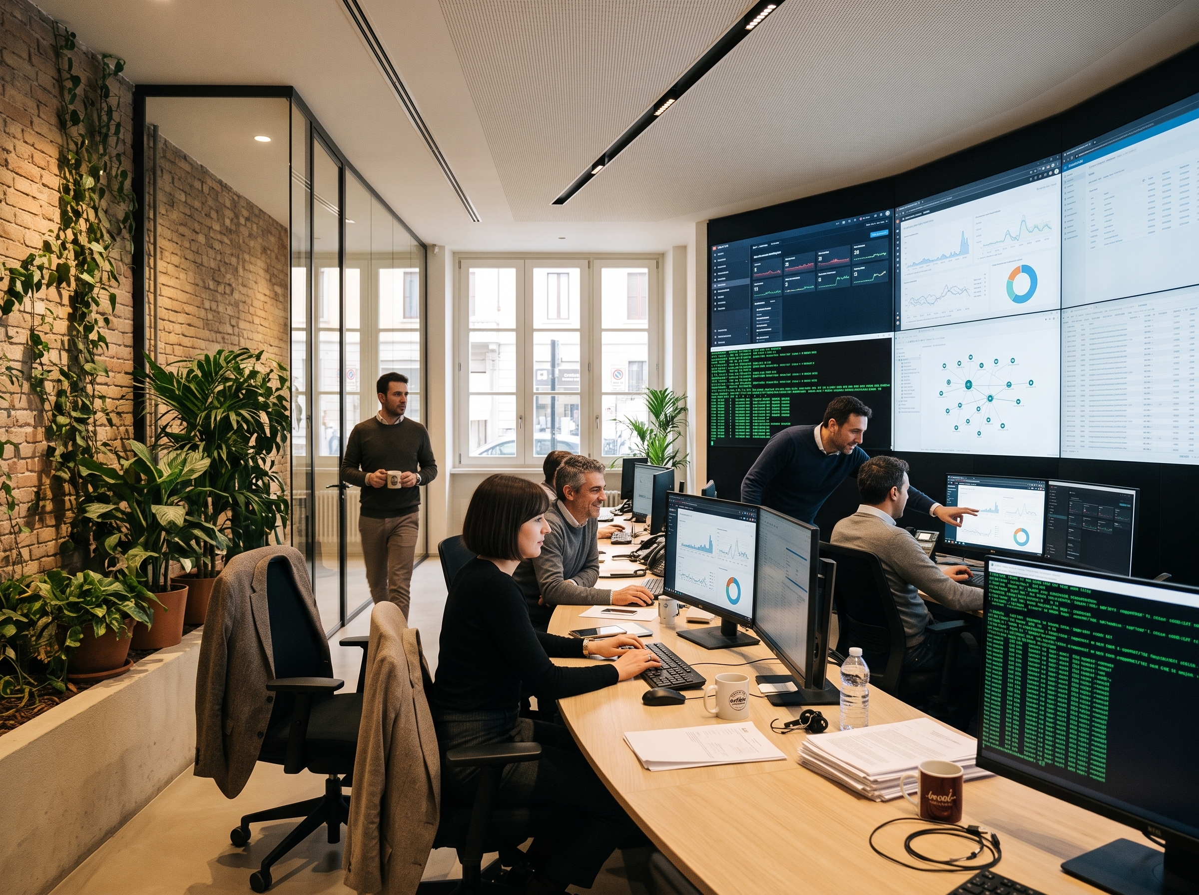 Tecnici al lavoro davanti al videowall di una sala di controllo