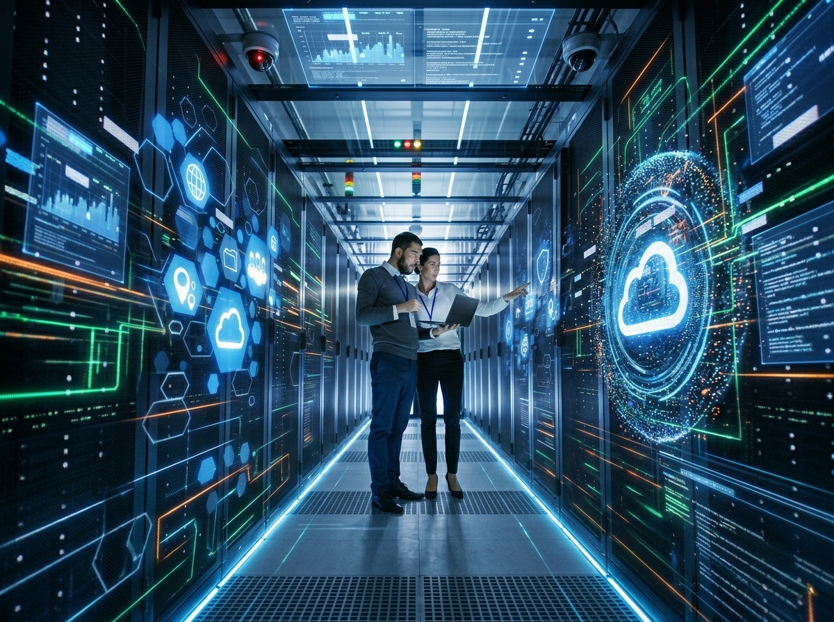 Corridoio di una sala dati con dashboard di monitoraggio in sovrimpressione