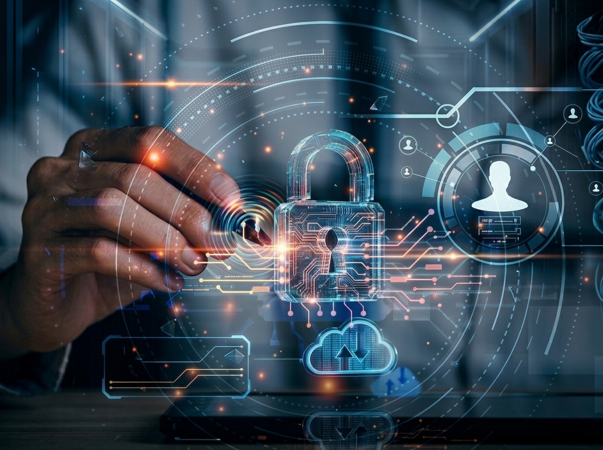 Illustrazione di un lucchetto digitale con identità e servizi cloud collegati