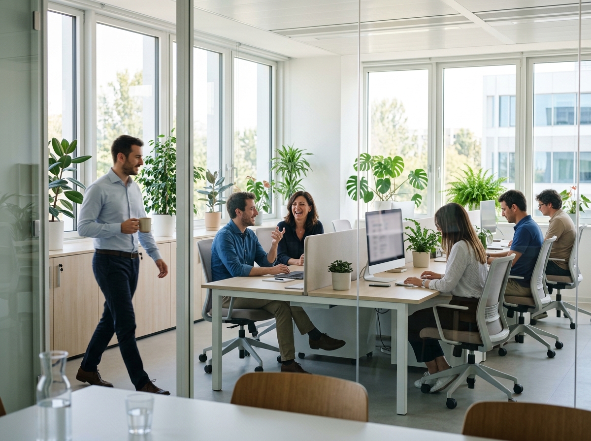 Colleghi al lavoro in un ufficio luminoso, visti attraverso una parete vetrata