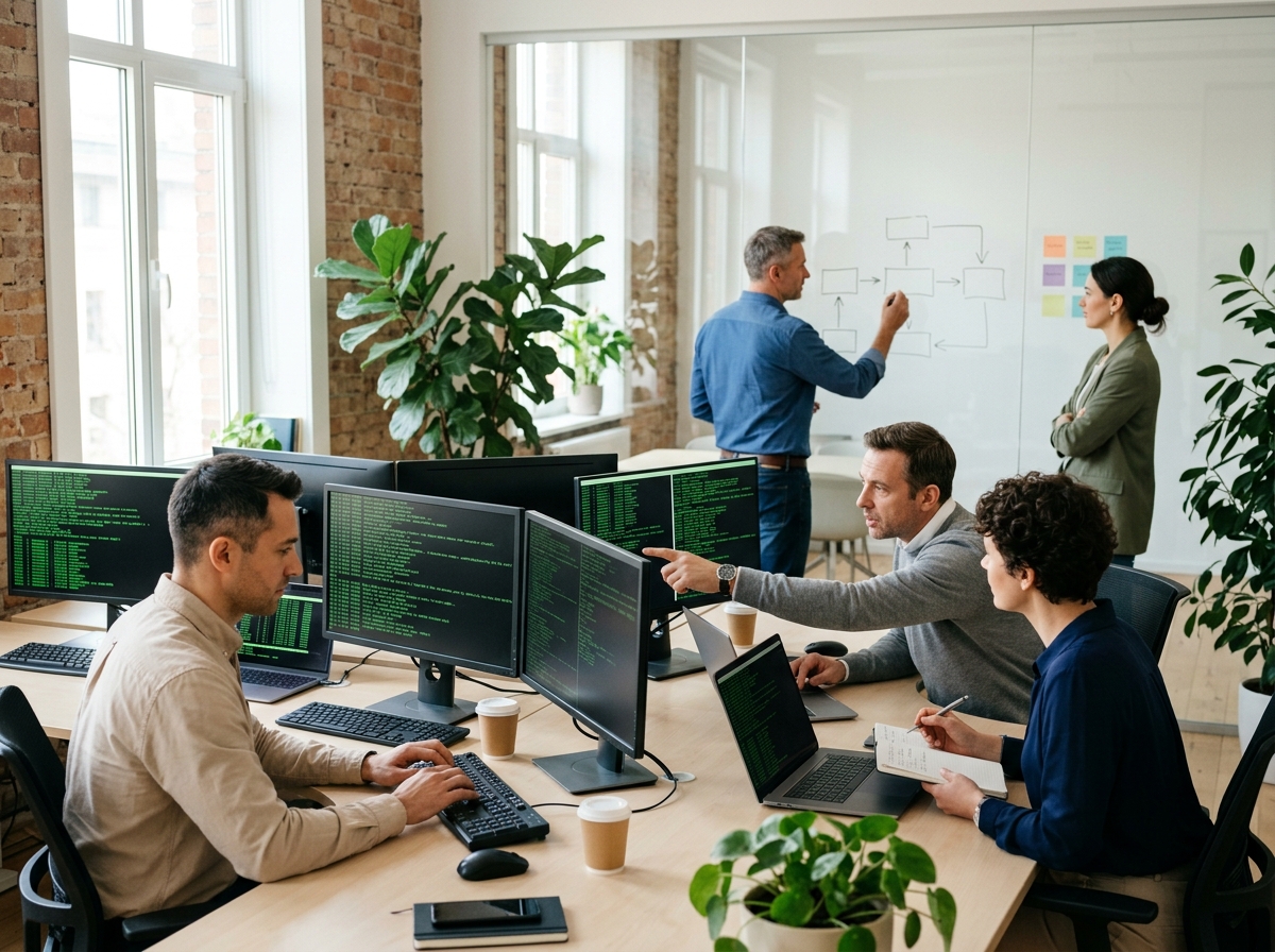 Team di analisti al lavoro sulle postazioni in ufficio