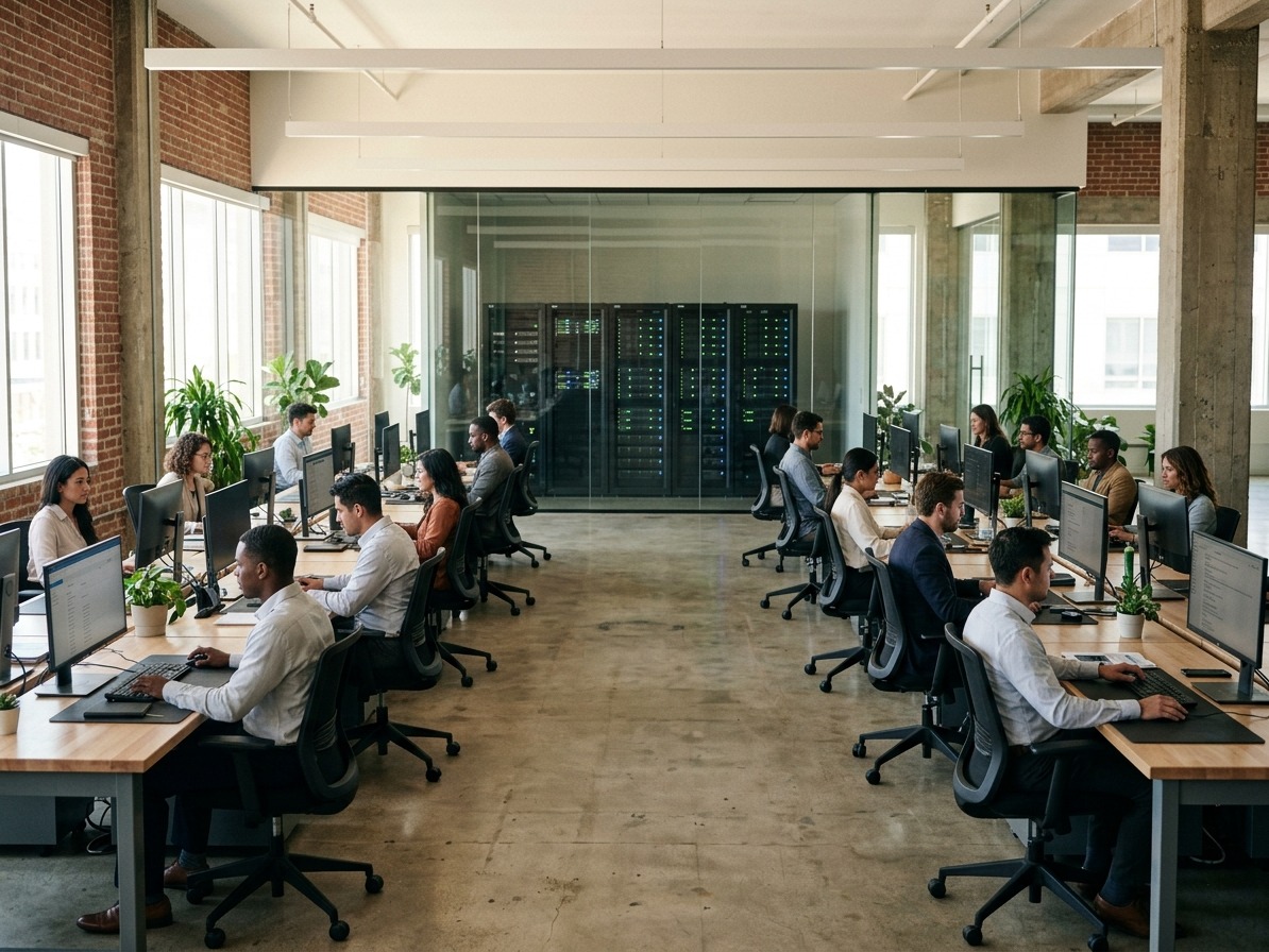 Ufficio open space con le persone al lavoro e sullo sfondo la sala tecnica vetrata con gli armadi rack