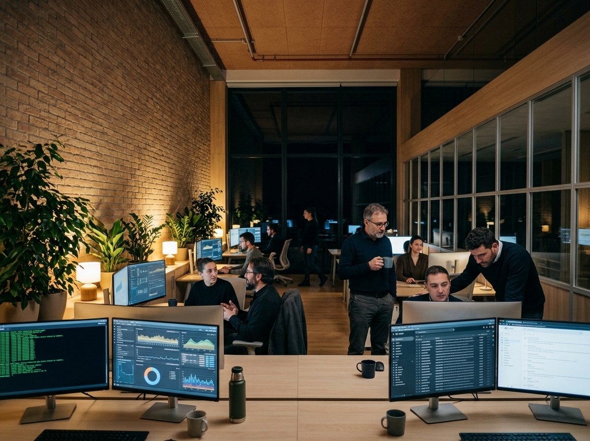 Tecnici al lavoro di notte nel Security Operations Center