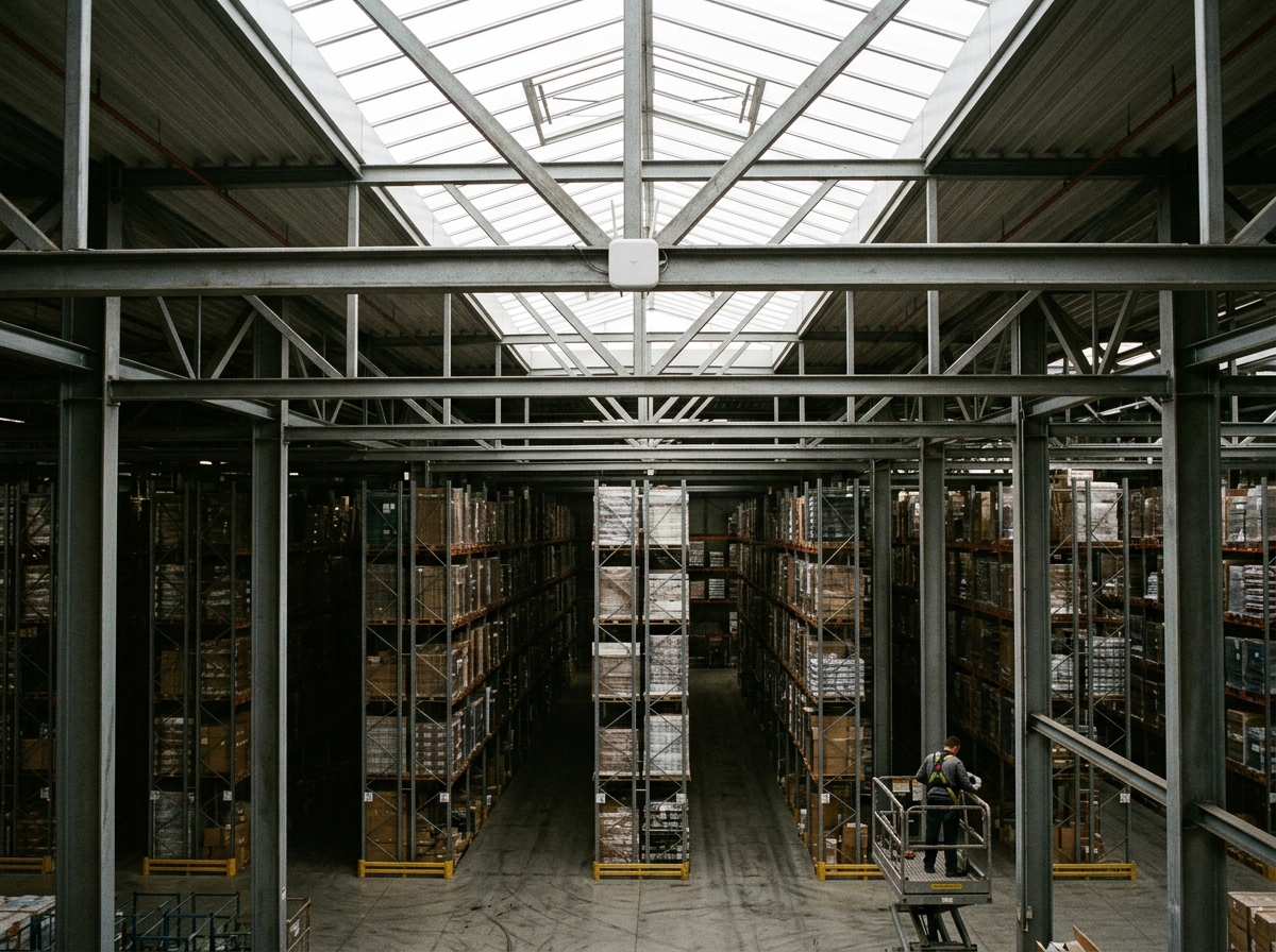 Interno di un capannone logistico con scaffalature alte e un access point Wi-Fi installato sulla trave centrale