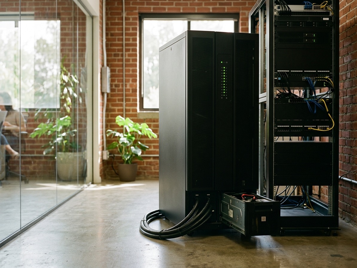 Armadio UPS a torre installato accanto a un rack, con il cassetto di un modulo batteria estratto