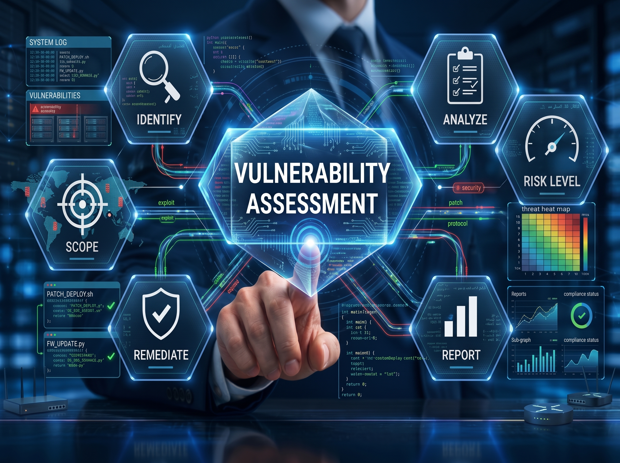 Schema delle fasi di un vulnerability assessment: scope, identify, analyze, remediate, report