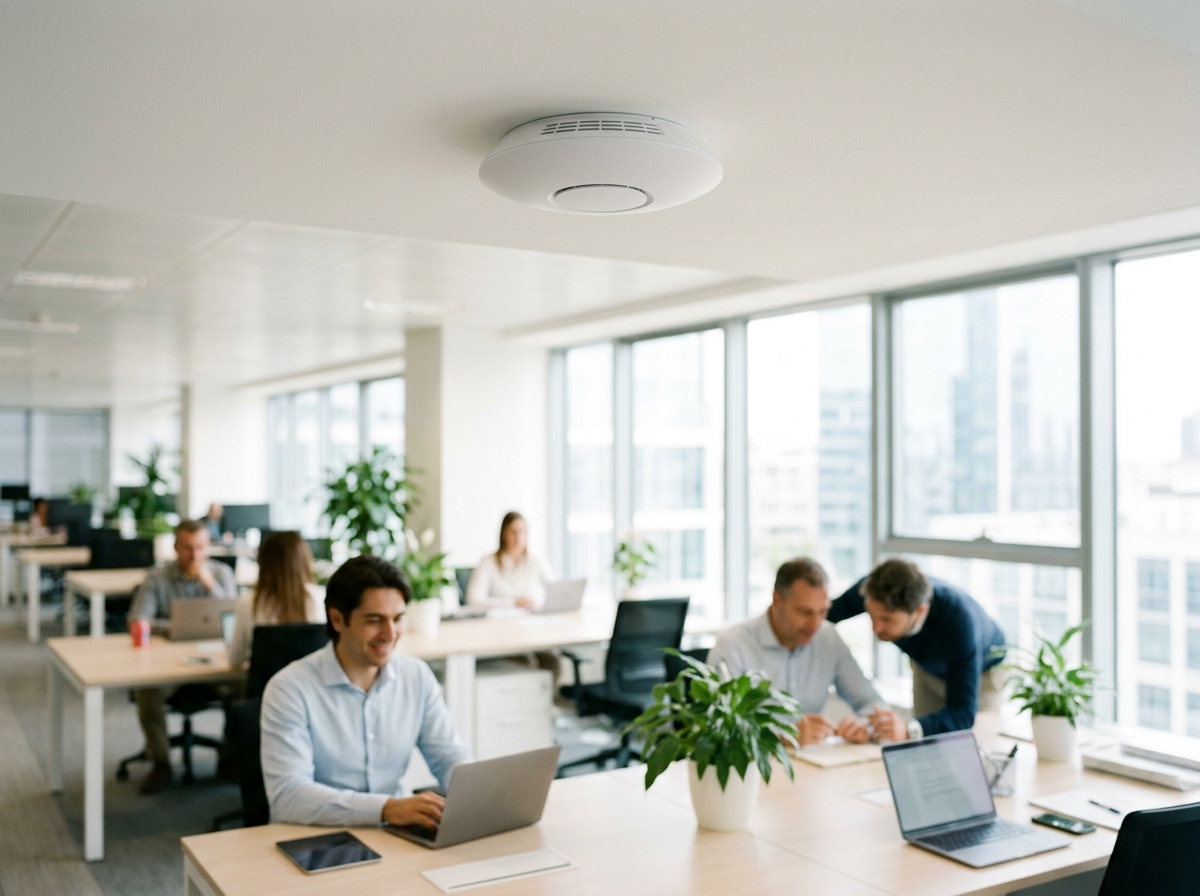 Access point Wi-Fi a soffitto sopra un open space con persone al lavoro